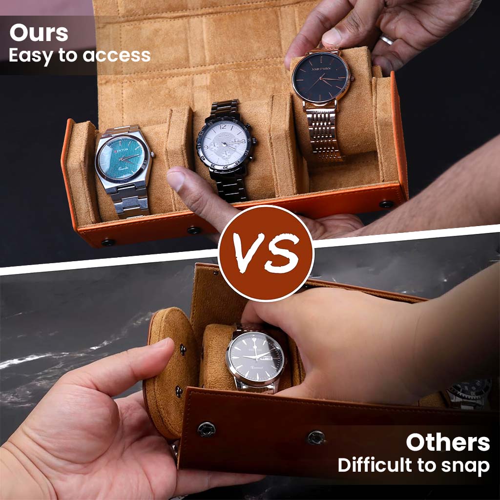 Comparison of AUDIOCULAR- RESO Watch Box vs others, showcasing easy access and better snap functionality for convenient watch storage.