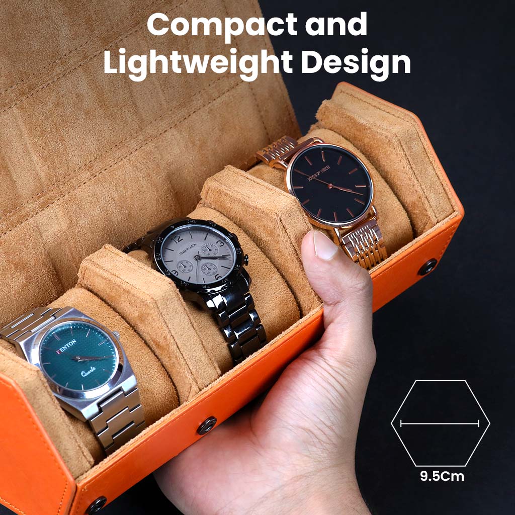 Compact and lightweight AUDIOCULAR- RESO Watch Box with 9.5cm width, ideal for travel and everyday use with secure watch organization.