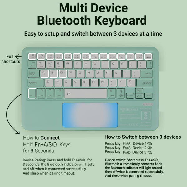 B102D Bluetooth Wireless Keyboard with Multi-Touch Trackpad, 7 Color Backlit - 9