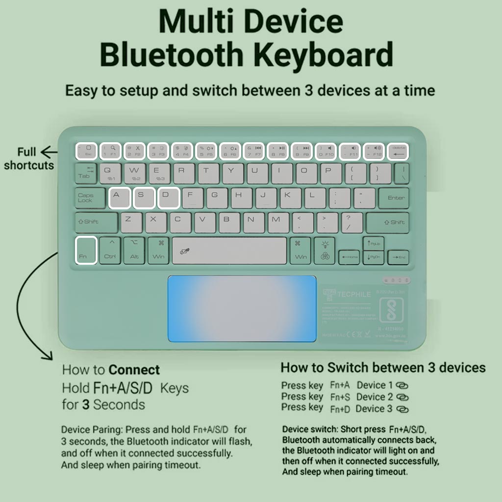 TECPHILE B102D Wireless Keyboard with 7 Color Backlit features multi-device Bluetooth connectivity and built-in multi-touch trackpad for seamless control.