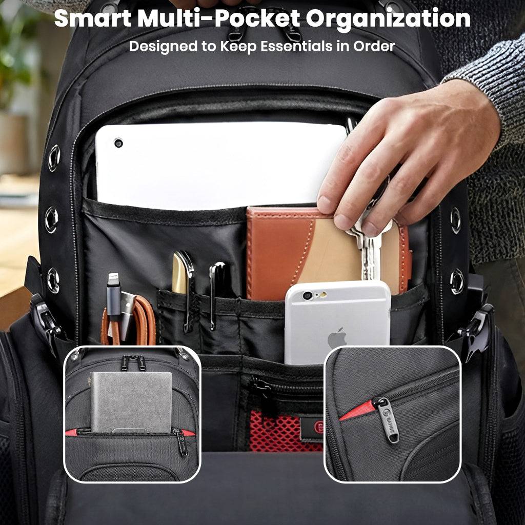 Organized interior of BANGE 1903 backpack with smart multi-pocket design for storing tablets, notebooks, and accessories.