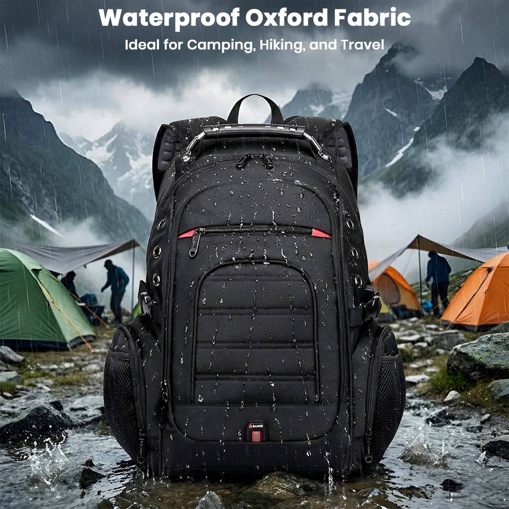 BANGE 1903 backpack made of waterproof Oxford fabric, shown in rainy outdoor setting, perfect for hiking and camping.