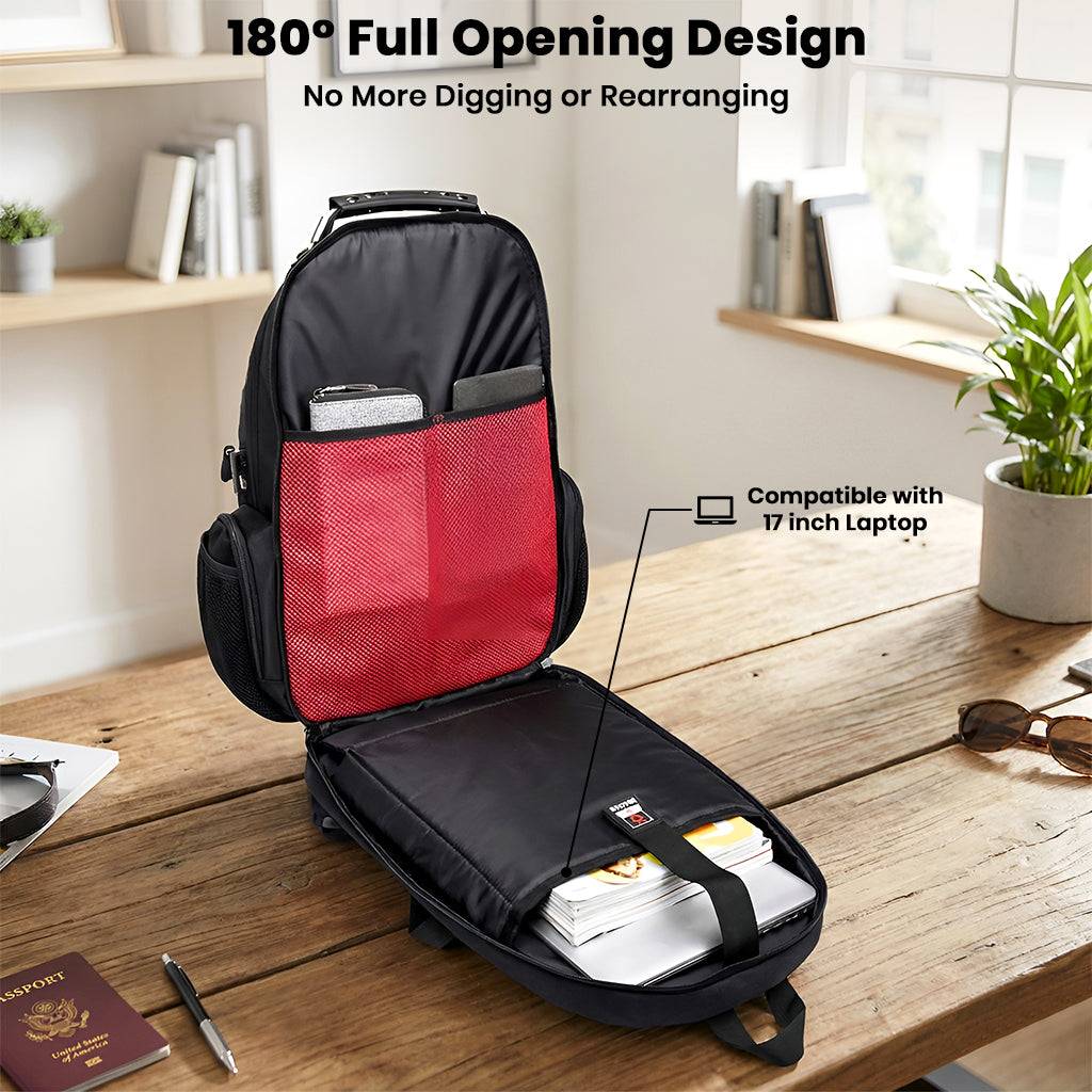BANGE 1903 backpack fully opened 180 degrees, revealing spacious interior compatible with 17-inch laptops for easy packing.