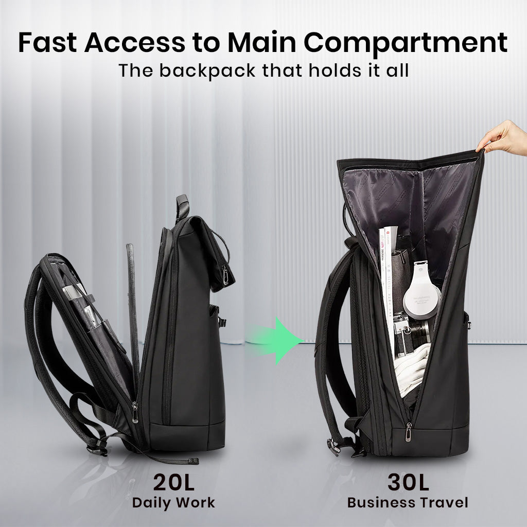 Expandable BANGE 2888 Backpack shown in 20L daily mode and 30L travel mode, offering fast access to main compartment.