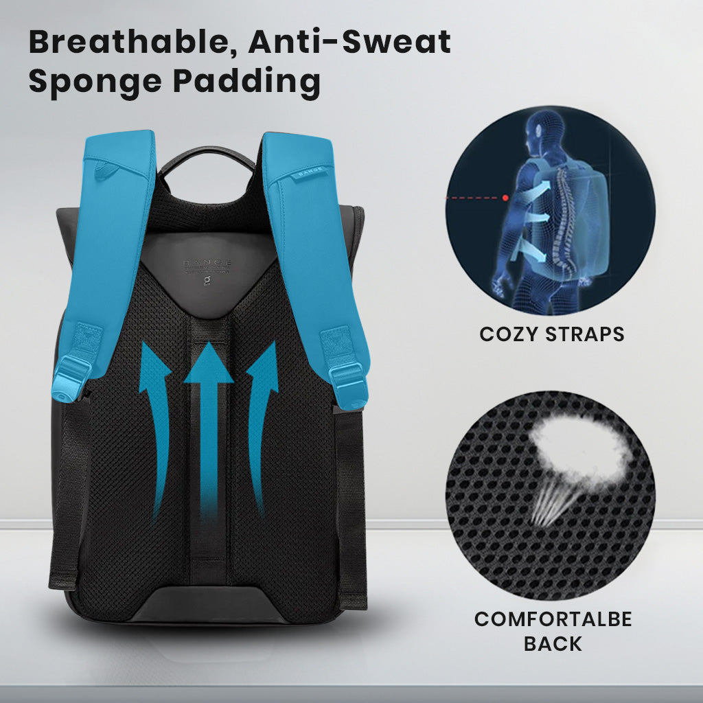 Back view of BANGE 2888 Backpack highlighting breathable anti-sweat sponge padding and cozy shoulder straps for comfort.