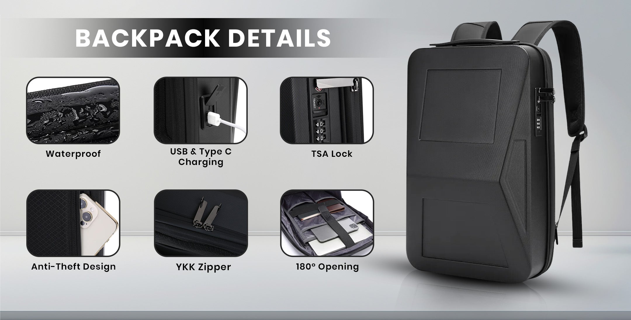 Bange 2956 anti theft hard shell laptop backpack 20l 27l expendable  2