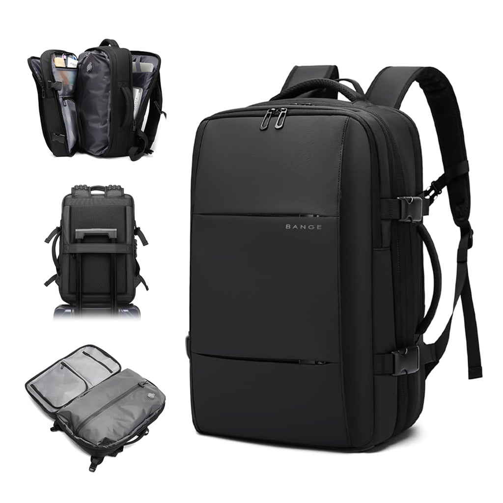 BANGE 1908 Smart Travel Backpack with USB Port features a sleek black design, multi-compartment layout, and fits 17.3-inch laptops. Ideal for business and travel.