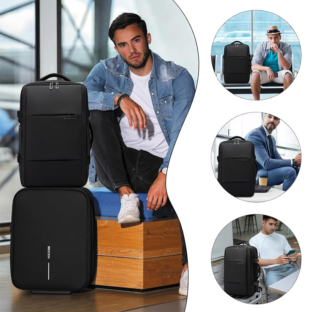 BANGE 1908 Smart Travel Backpack shown in lifestyle settings, ideal for business, travel, and casual use with modern style.