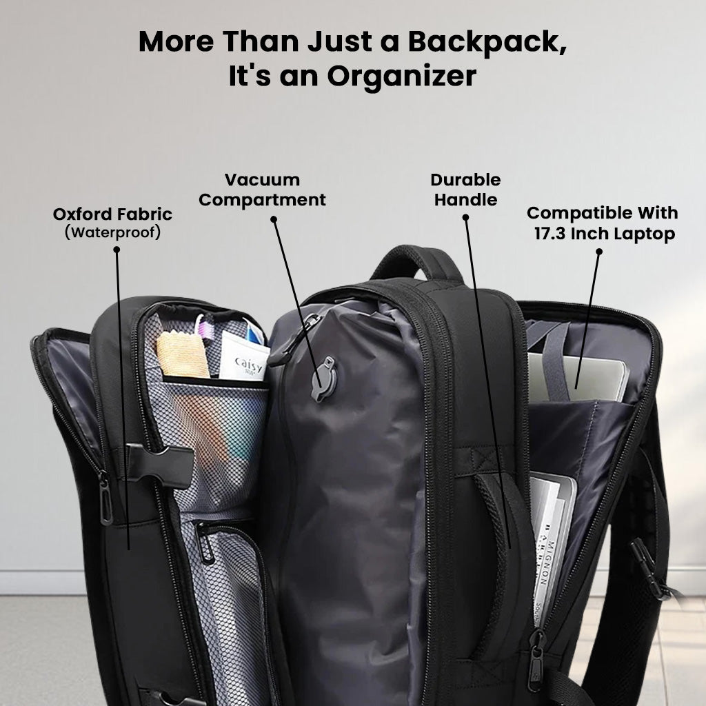BANGE 1908 Smart Travel Backpack offers waterproof Oxford fabric, vacuum compartment, and 17.3-inch laptop compatibility for organized travel.