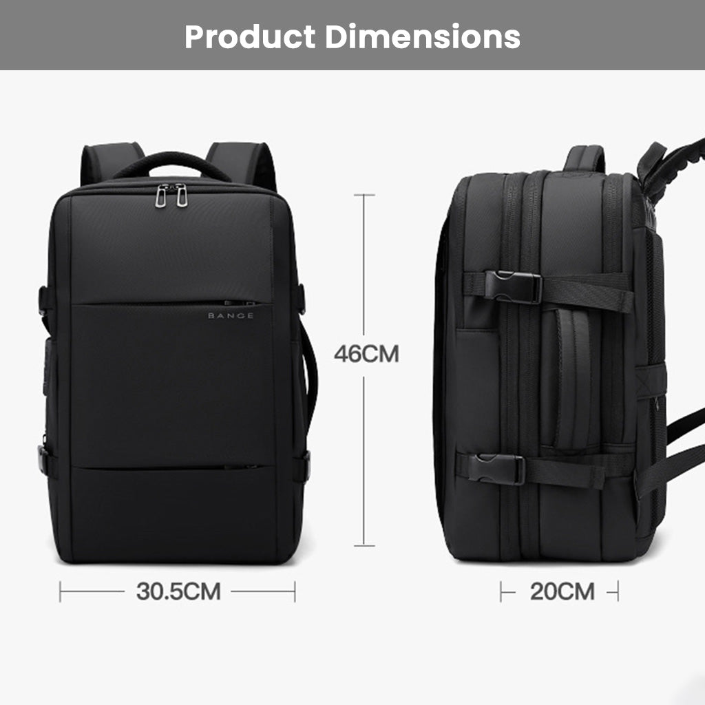 BANGE 1908 Smart Travel Backpack dimensions are 46cm x 30.5cm x 20cm, offering a compact yet spacious design for travel and work.