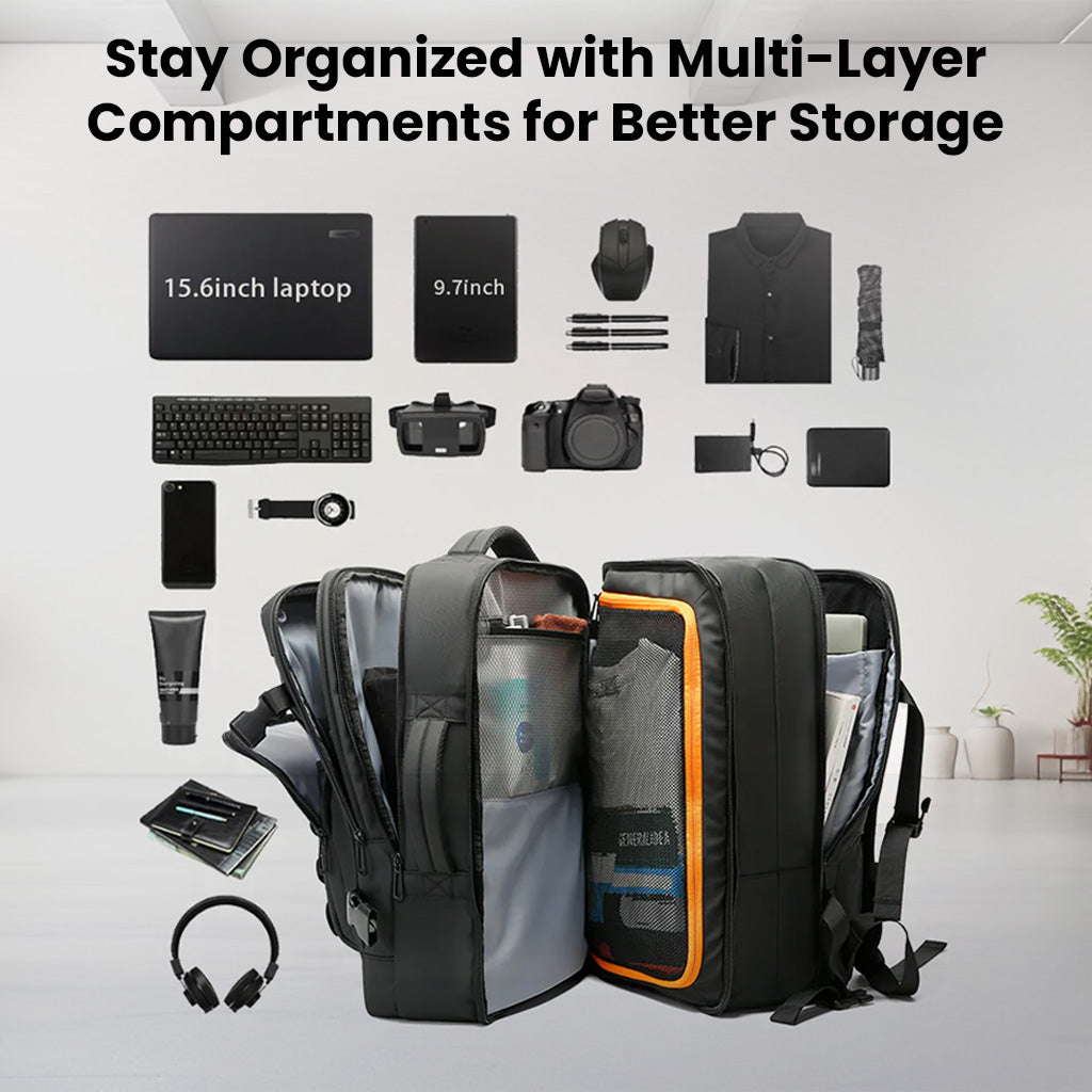 BANGE 3055 Laptop Backpack 40L with multi-layer compartments for organized storage of laptop, tablet, clothes, and tech accessories.