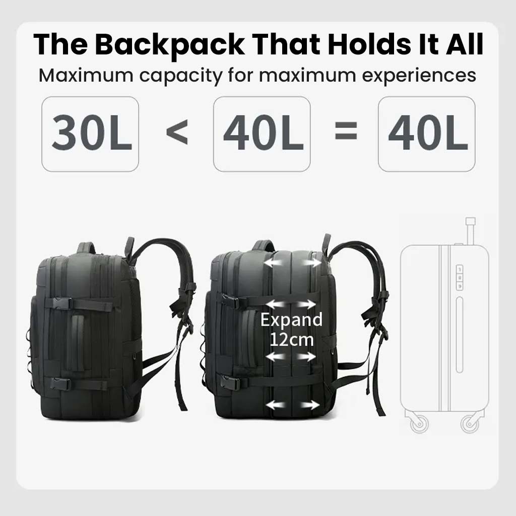 BANGE 3055 Laptop Backpack 40L expandable travel bag with 12cm expansion, offering maximum storage for luggage and business essentials.