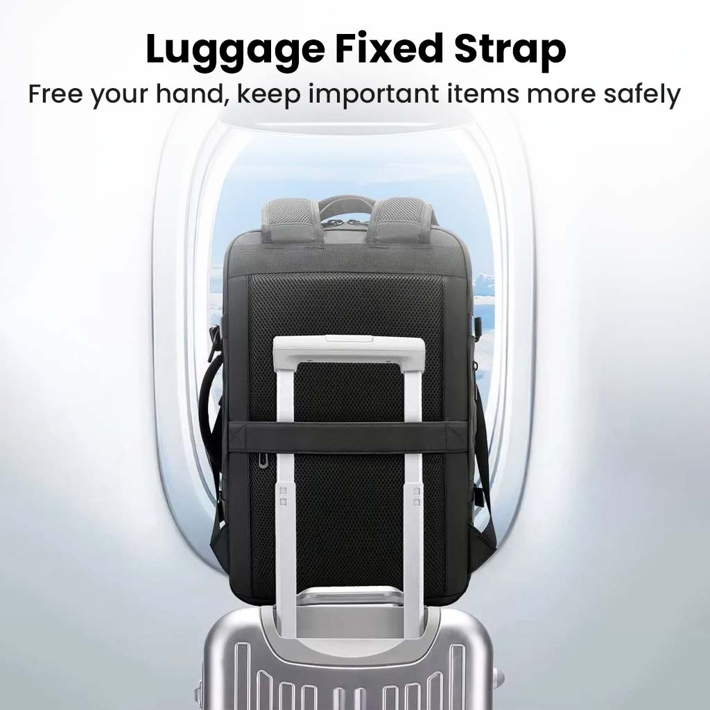 BANGE 3055 Laptop Backpack 40L with luggage strap for secure attachment to suitcase handles, ideal for airport and travel convenience.