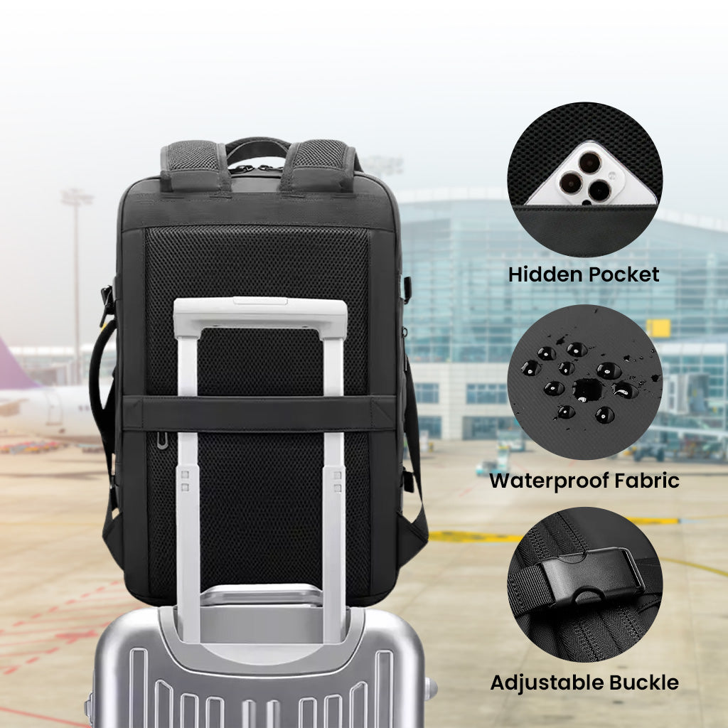BANGE 3055 Laptop Backpack 40L with waterproof fabric, hidden pocket, and adjustable buckle shown on luggage at airport setting.