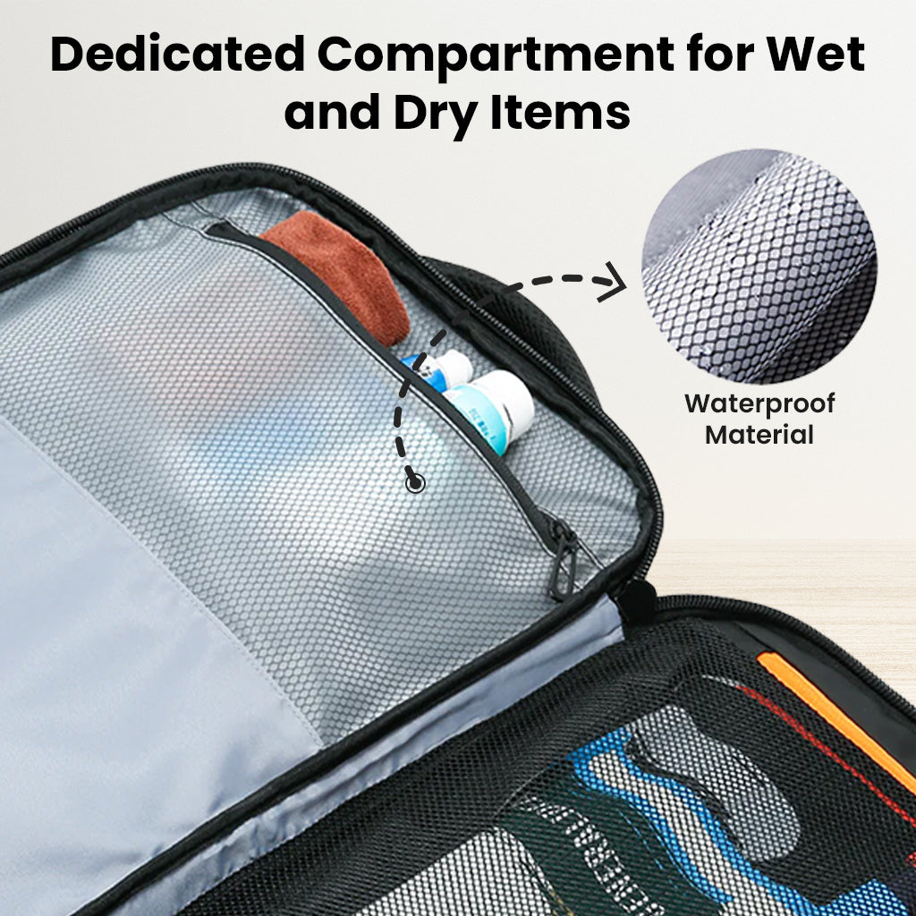 BANGE 3055 Backpack with waterproof compartment for wet and dry items, ideal for toiletries and travel essentials separation.