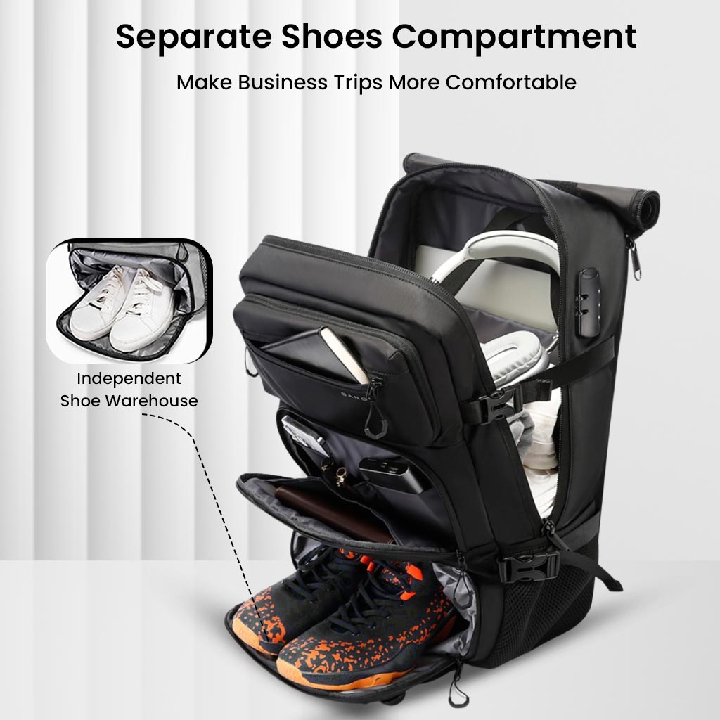 Black BANGE 1810 backpack with open compartments showing organized storage and separate shoe section for convenience.