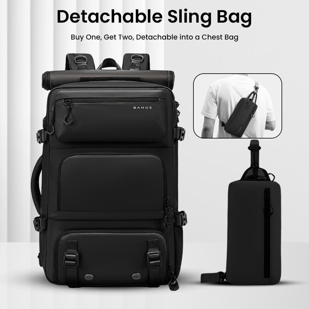 Black BANGE 1810 backpack with detachable sling bag worn as chest bag, offering dual functionality for travelers.