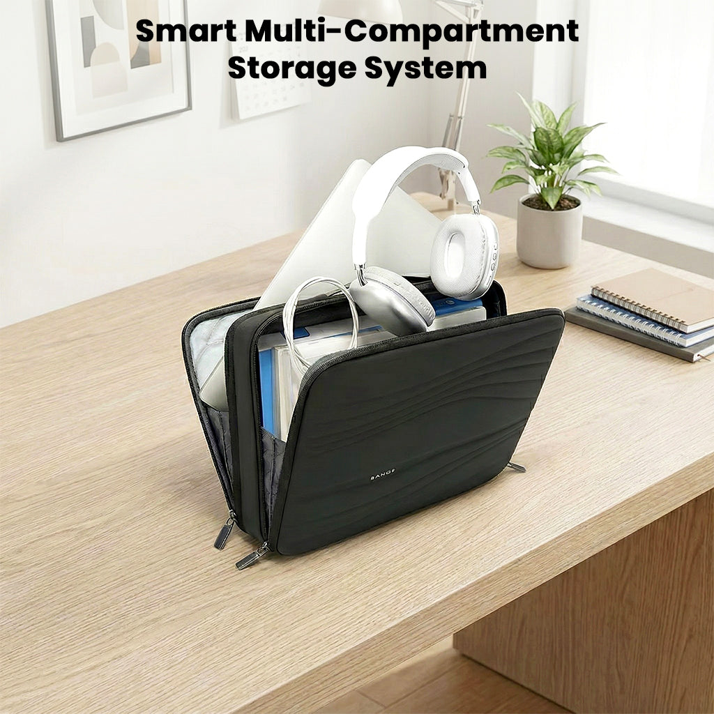 BANGE 14" Laptop Messenger Bag with smart multi-compartment storage system, showcasing organized tech and accessories on a desk.