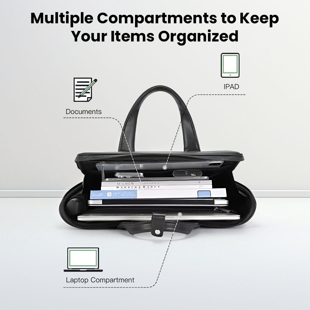 Top view of BANGE YZ350 business bag with labeled compartments for laptop, iPad, and A4 documents, ensuring organized storage.