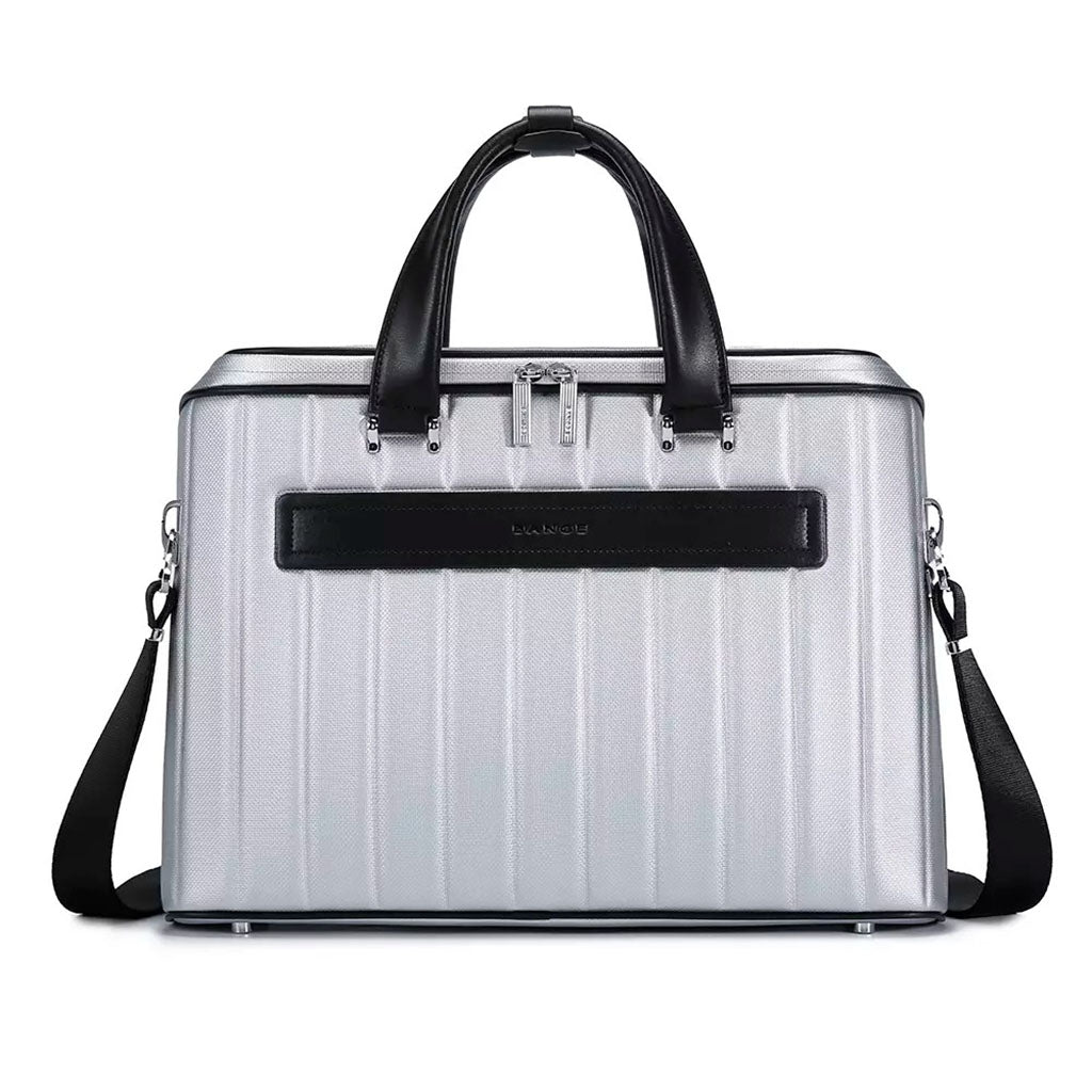 Rear view of BANGE YZ350 silver office laptop bag with black strap and handle, ideal for business professionals.