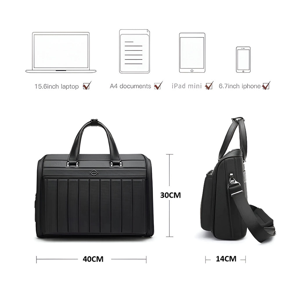 Dimensions of BANGE YZ350 laptop briefcase showing 40x30x14cm size, fits 15.6-inch laptop, iPad, and A4 documents.