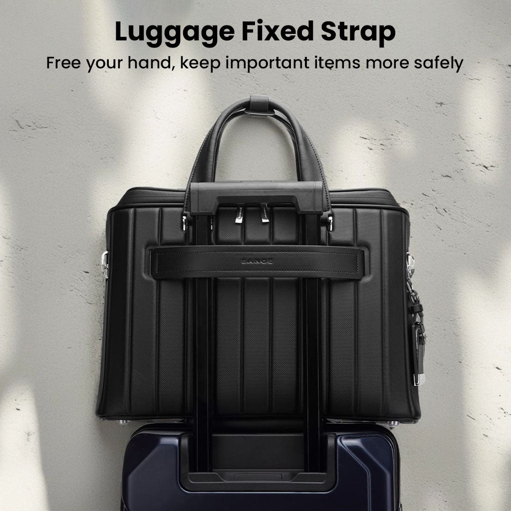 BANGE YZ350 black laptop bag attached to luggage handle with fixed strap, perfect for travel convenience and safety.