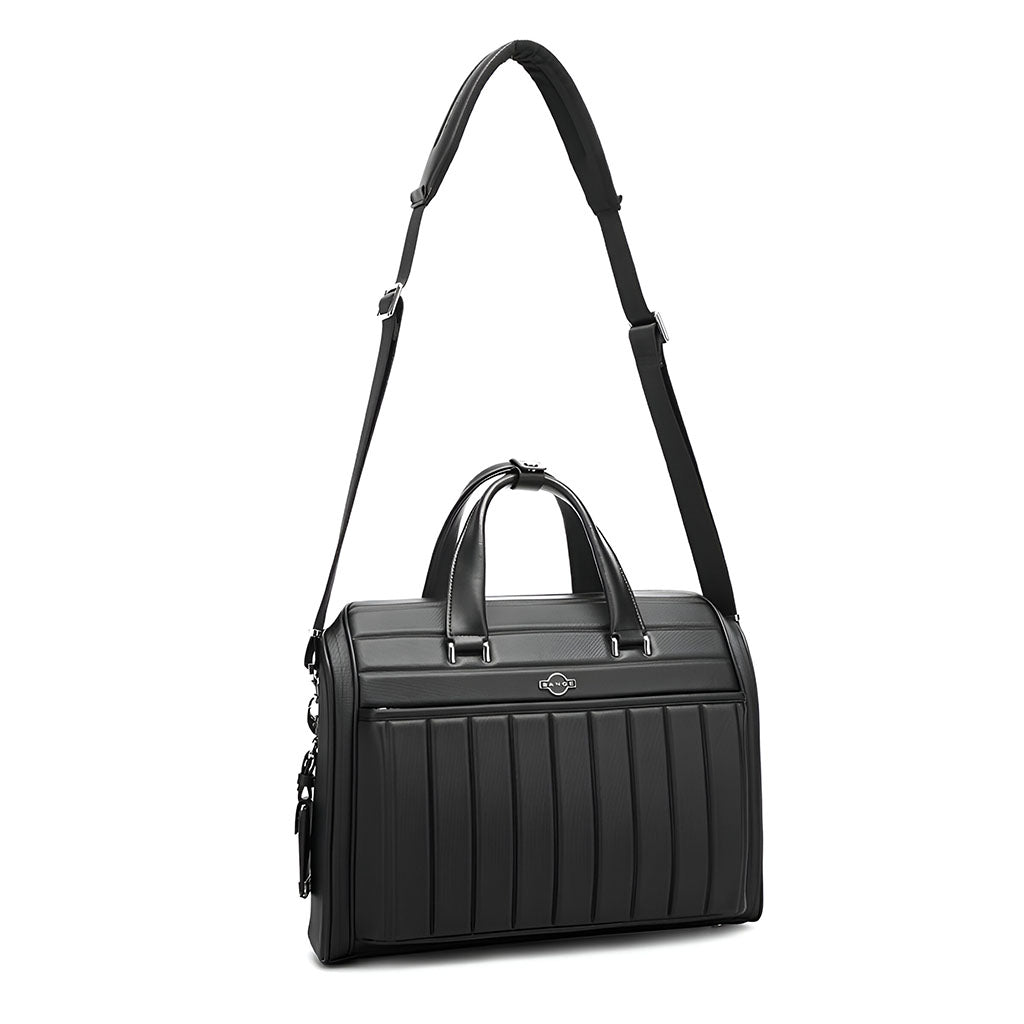 Side view of BANGE YZ350 black business briefcase with adjustable shoulder strap, perfect for carrying laptops and documents.