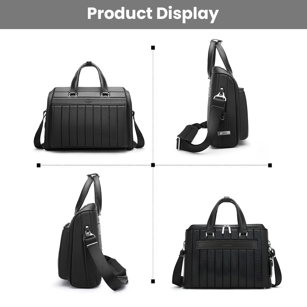 Multi-angle product display of BANGE YZ350 black laptop briefcase showing front, side, and back views for full detail.