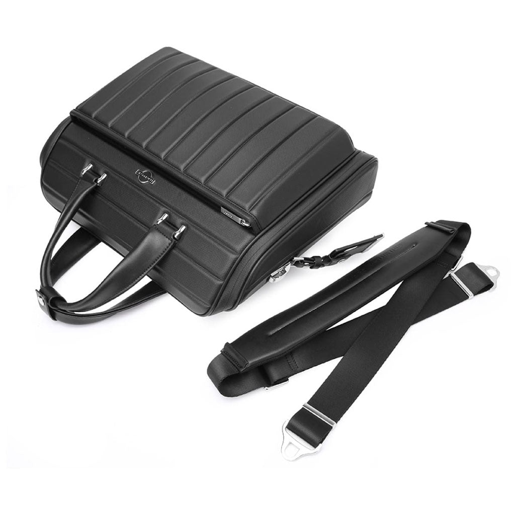 BANGE YZ350 black laptop briefcase with detachable shoulder strap, showcasing durable construction and portability.