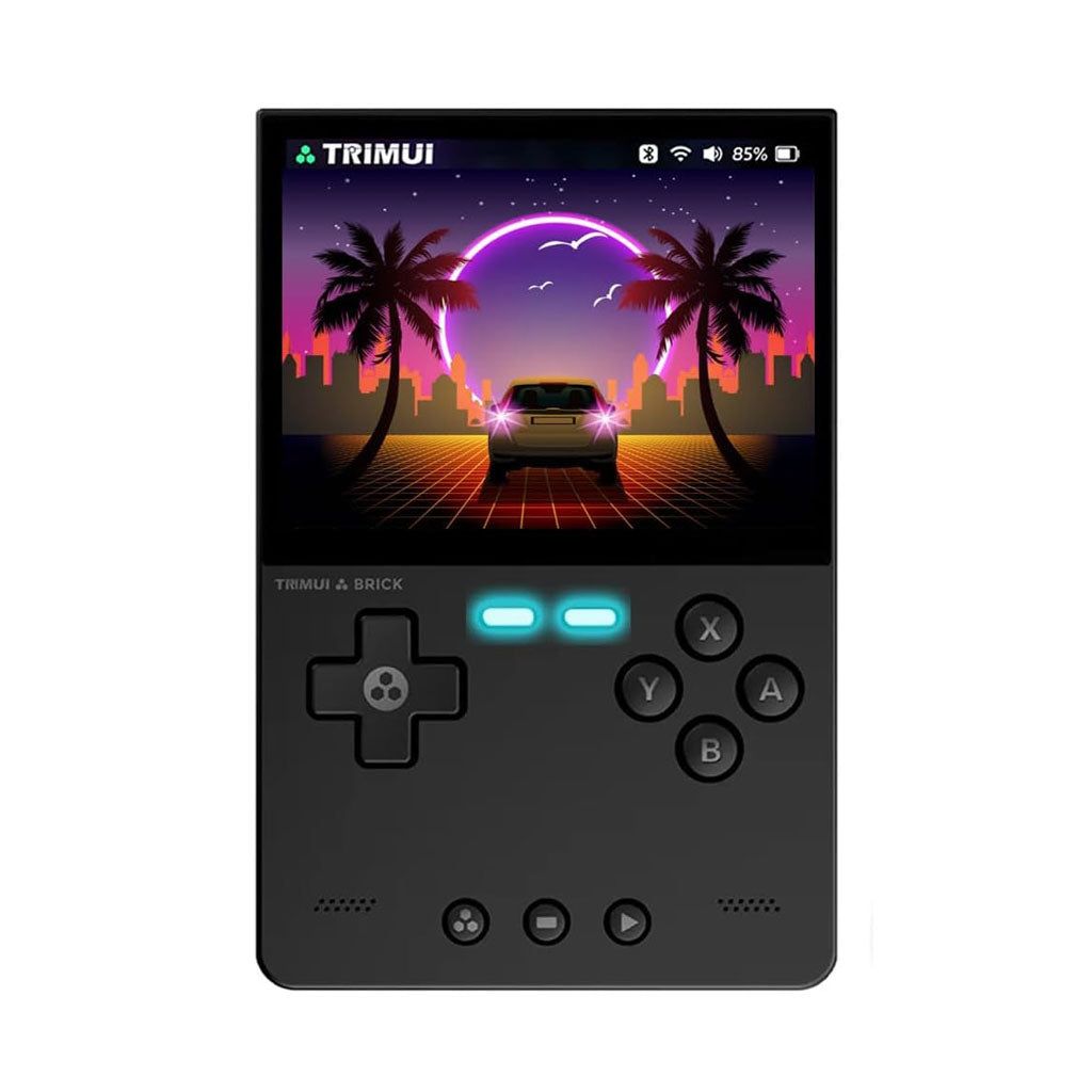 TRIMUI Brick handheld game console with 3.2-inch display showing retro-themed game, ideal for portable gaming and classic nostalgia.