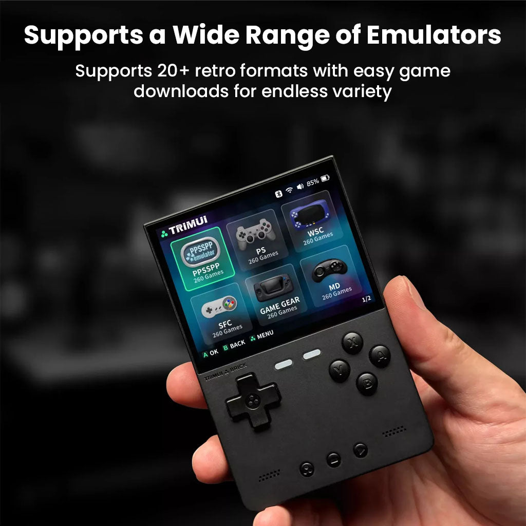 TRIMUI Brick supports 20+ emulators, allowing users to play a wide variety of retro games on a sleek handheld game console.