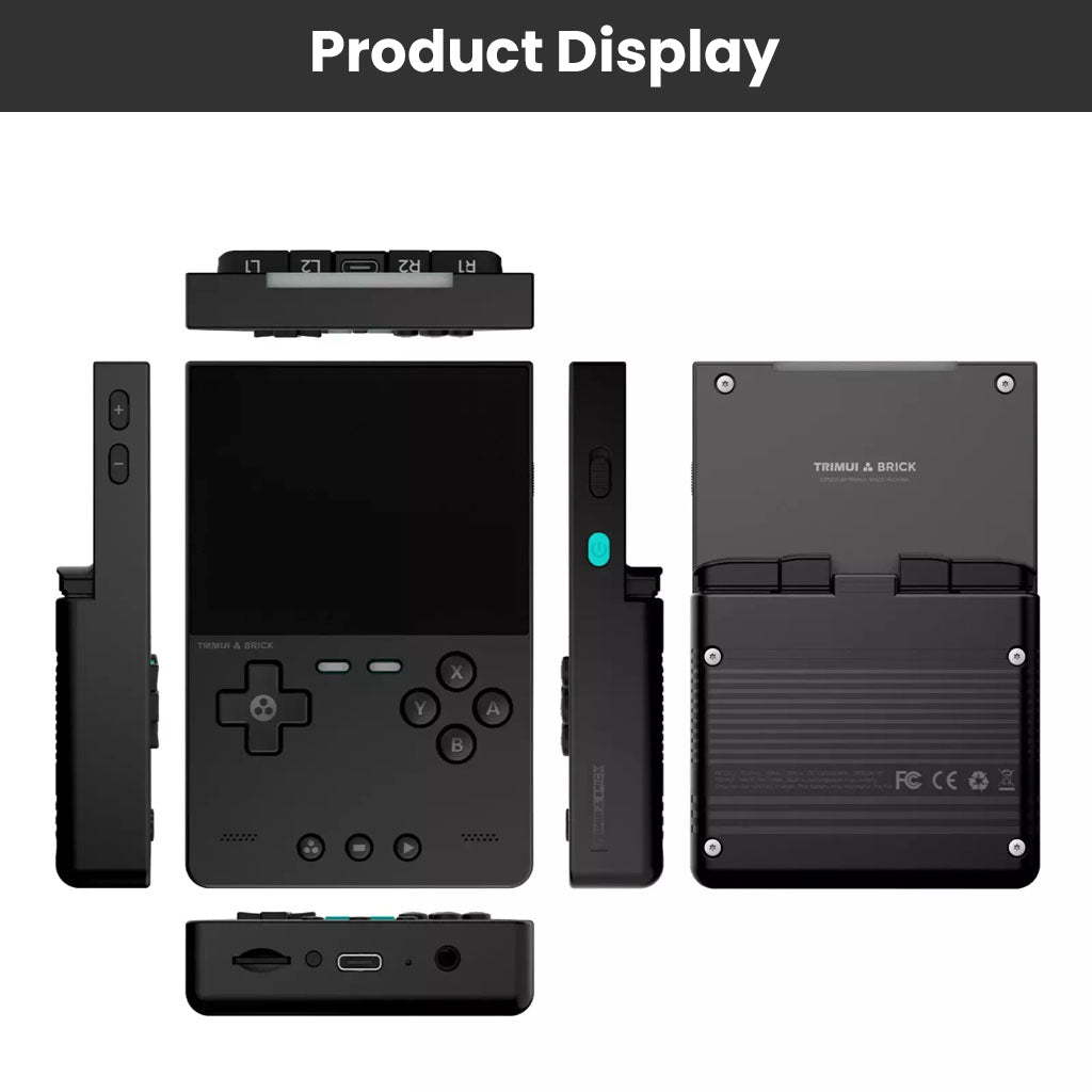 TRIMUI Brick product display showing front, side, and back views of the compact handheld game console with detailed button layout.