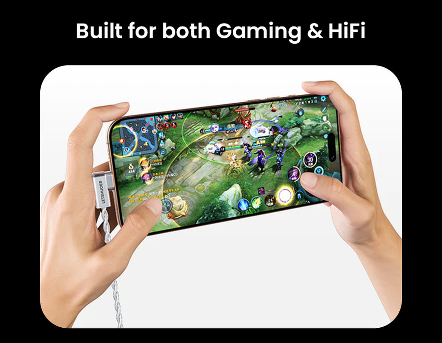 Person holding a smartphone with a game displayed, text 'Built for both Gaming & HiFi' above.