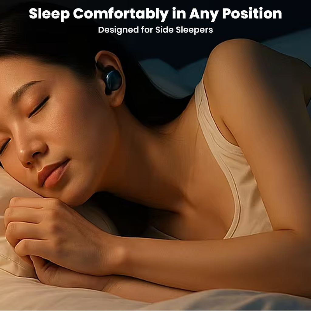 Woman sleeping on her side wearing CCA-Sleep TWS earbuds, showcasing ultra-comfortable fit for side sleepers and nighttime use.