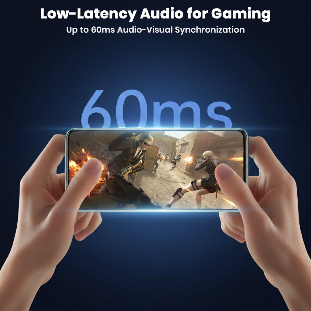 Gaming scene showing low-latency 60ms audio sync with CCA-Sleep TWS earbuds for immersive mobile gaming experience.