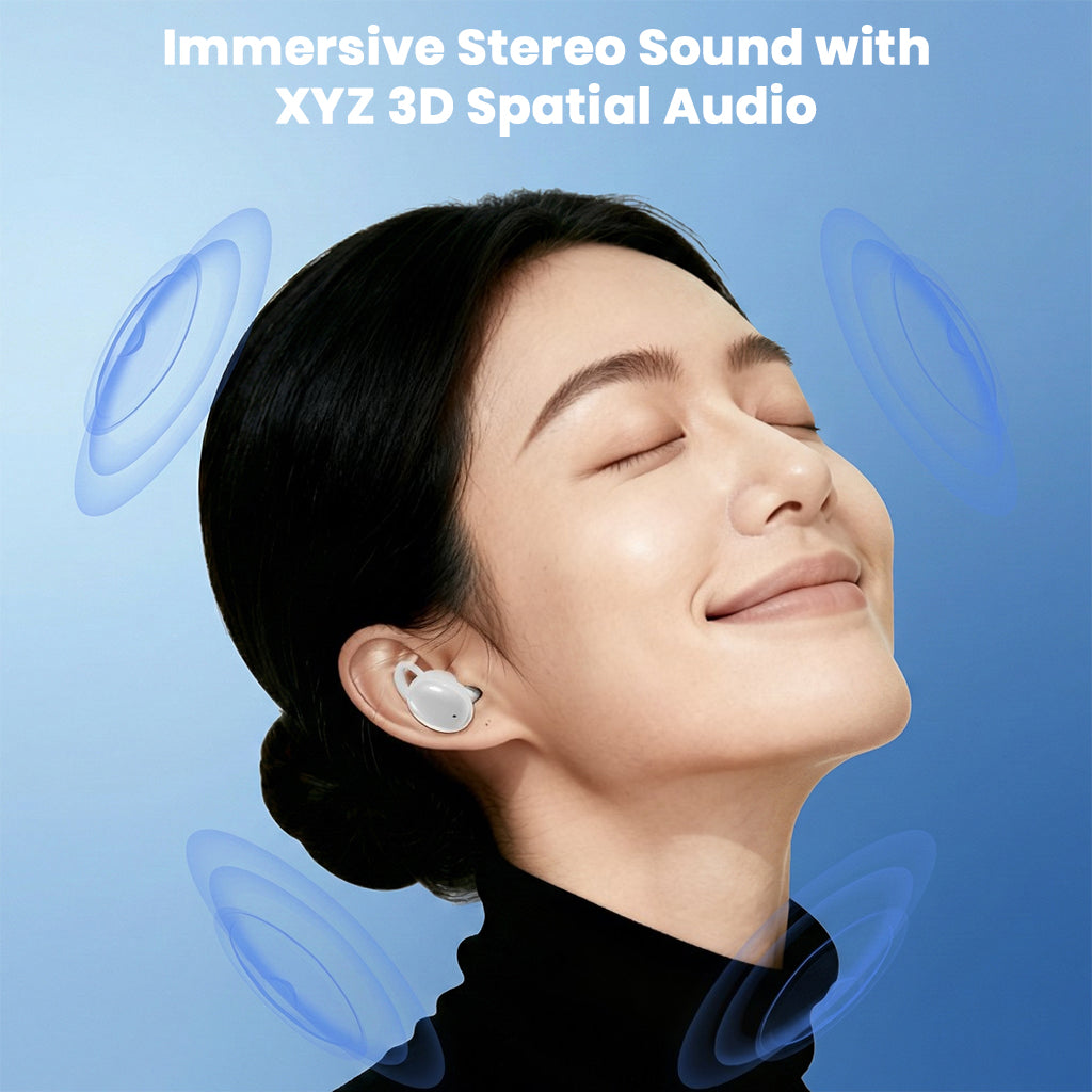 Woman enjoying immersive stereo sound with CCA-Sleep TWS earbuds featuring XYZ 3D spatial audio for a rich listening experience.