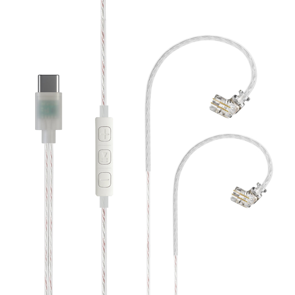 AUDIOCULAR - RC1 Silver-Plated Replacement Cable with USB Type-C connector and inline controls, compatible with modern devices.