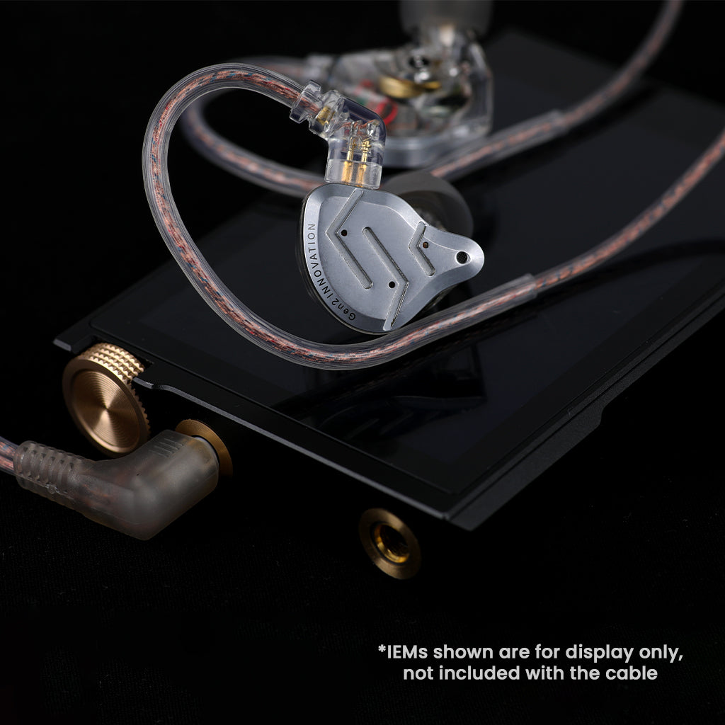 AUDIOCULAR RC4 Replacement Cable connected to KZ IEMs and audio player, showcasing compatibility and premium build quality.