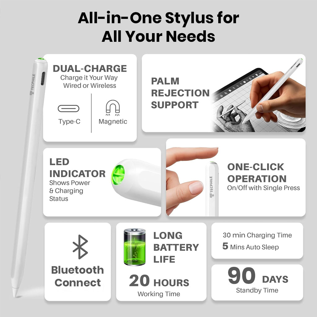 TECPHILE Bluetooth Stylus features dual charging, palm rejection, LED indicator, and 20-hour battery life for seamless iPad use.