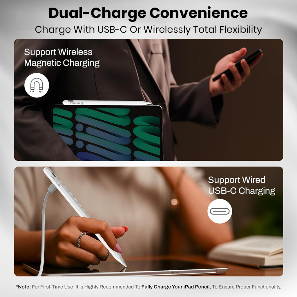 TECPHILE Stylus Pen supports dual charging via USB-C or magnetic wireless for flexible power options on compatible iPads.