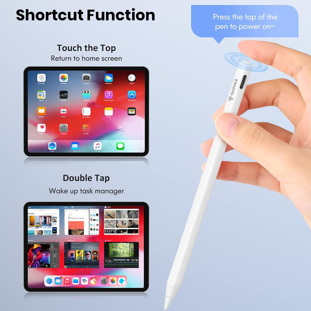 TECPHILE iPad Stylus includes shortcut functions like touch-to-home and double-tap task manager for efficient navigation.