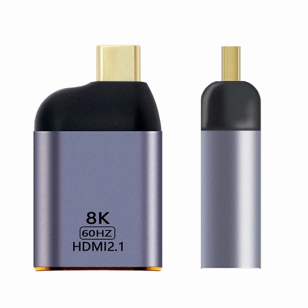 Front and side view of TECPHILE HDMI 2.1 to USB4 Type-C adapter, showcasing sleek metallic finish and gold-plated connectors.