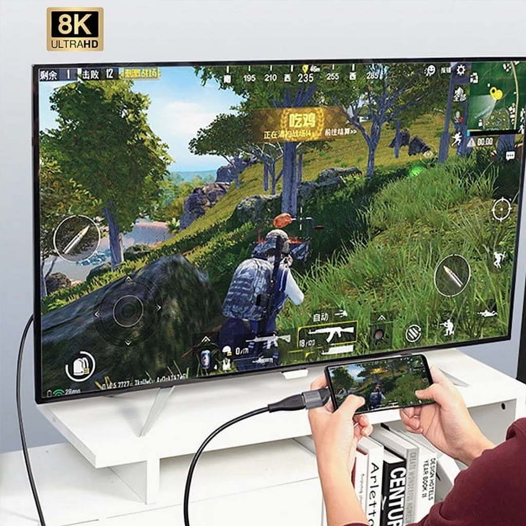 TECPHILE HDMI 2.1 to USB4 adapter enables 8K UHD gaming on TV from mobile device, ideal for immersive gaming experiences.