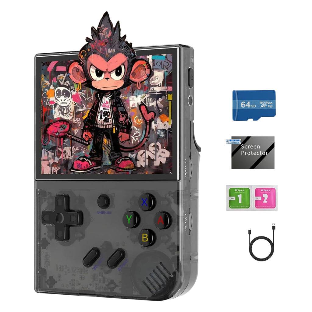 ANBERNIC RG35XX Plus handheld game console with PSP games, shown with accessories including 64GB card, screen protector, and charging cable.