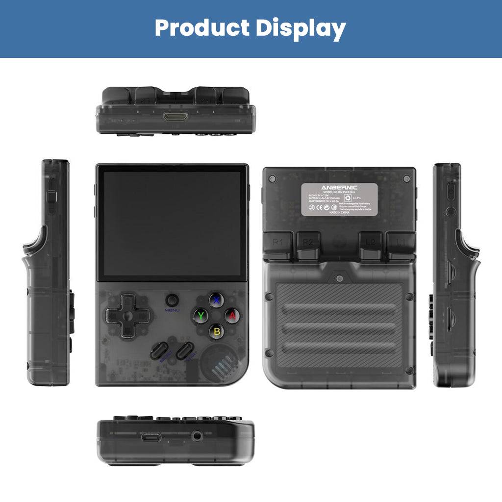 Multi-angle product display of ANBERNIC RG35XX Plus handheld game console showcasing its compact design, ports, and button layout.
