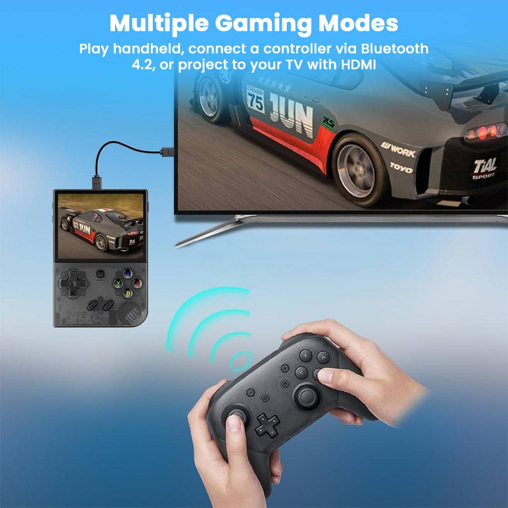 ANBERNIC RG35XX Plus supports multiple gaming modes including handheld, Bluetooth controller, and HDMI TV projection for versatile gameplay.
