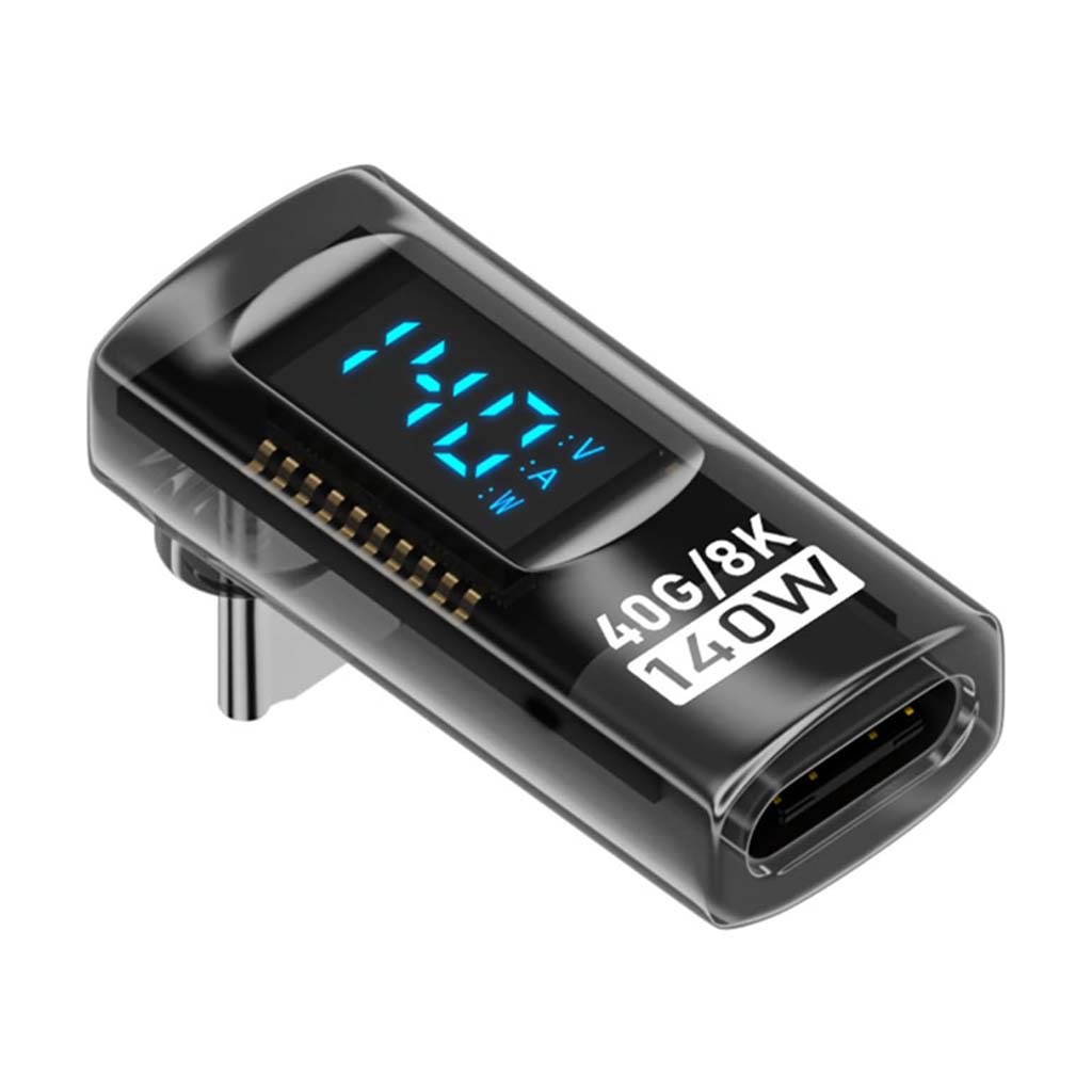 Transparent view of TECPHILE 140W USB-C adapter revealing internal components and digital display for real-time power monitoring.
