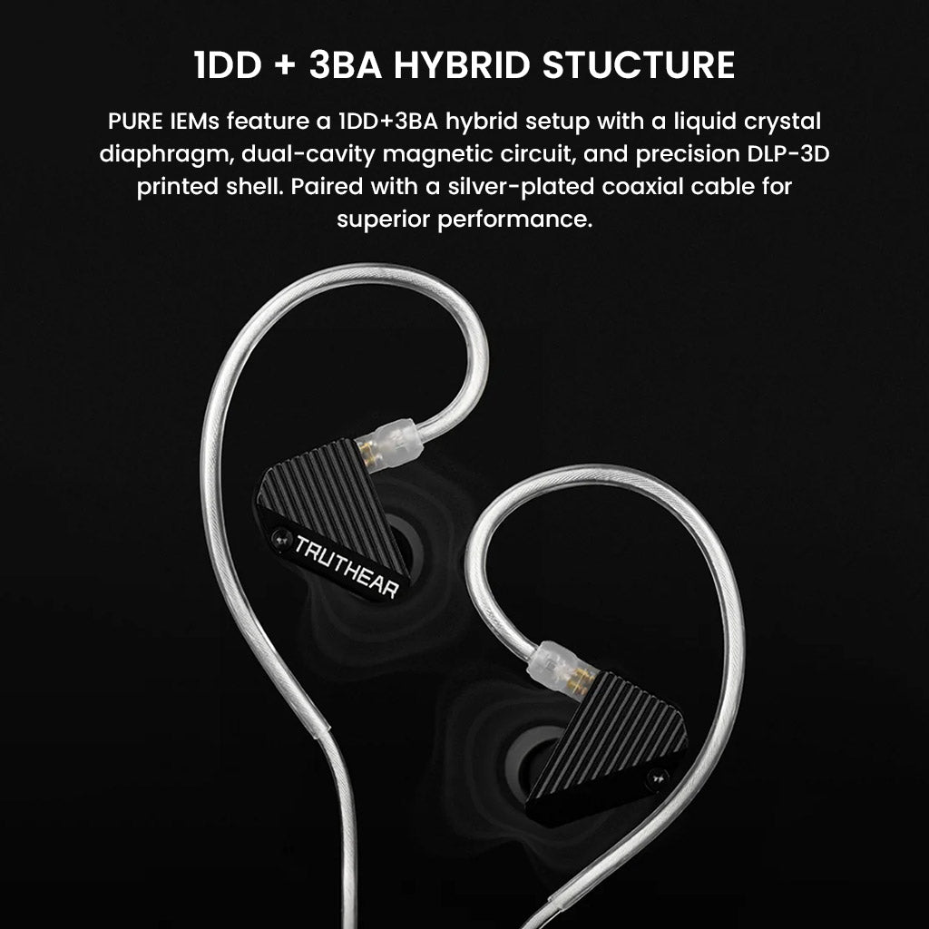 TRUTHEAR IEM - Hybrid Driver Performance | 1DD + 3BA Setup featuring transparent cable and ergonomic ear hook for secure fit and superior audio clarity.