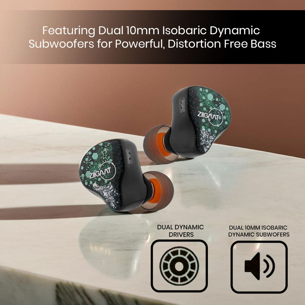 ZiiGaat Arcanis IEM with dual 10mm isobaric dynamic subwoofers for distortion-free bass, perfect for audiophiles seeking deep low-end response.