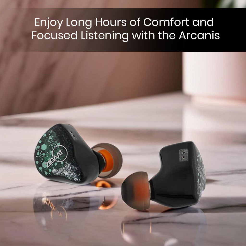 ZiiGaat Arcanis IEM placed on a marble surface, designed for long listening sessions with superior comfort and acoustic clarity.